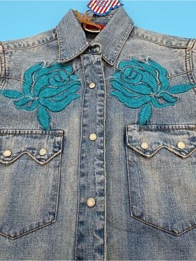 Western Denim Bank Floral Embroidered Denim Shirt - Teal Roses & Sequins Size XS